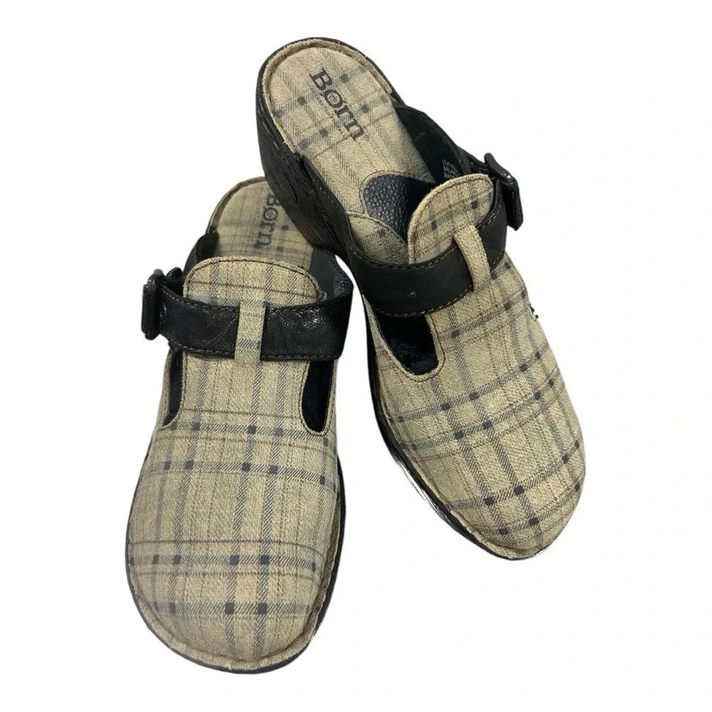 Born Della Plaid Leather Slip On Mules Clogs Slides Comfort Bohemian Boho Chic - Picture 12 of 12